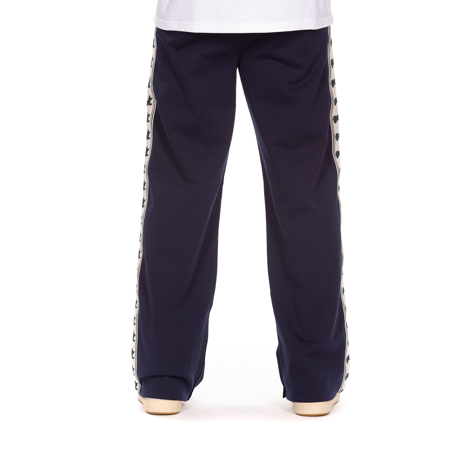 Navy track pants with a decorative white stripe featuring navy graphics on a white background.