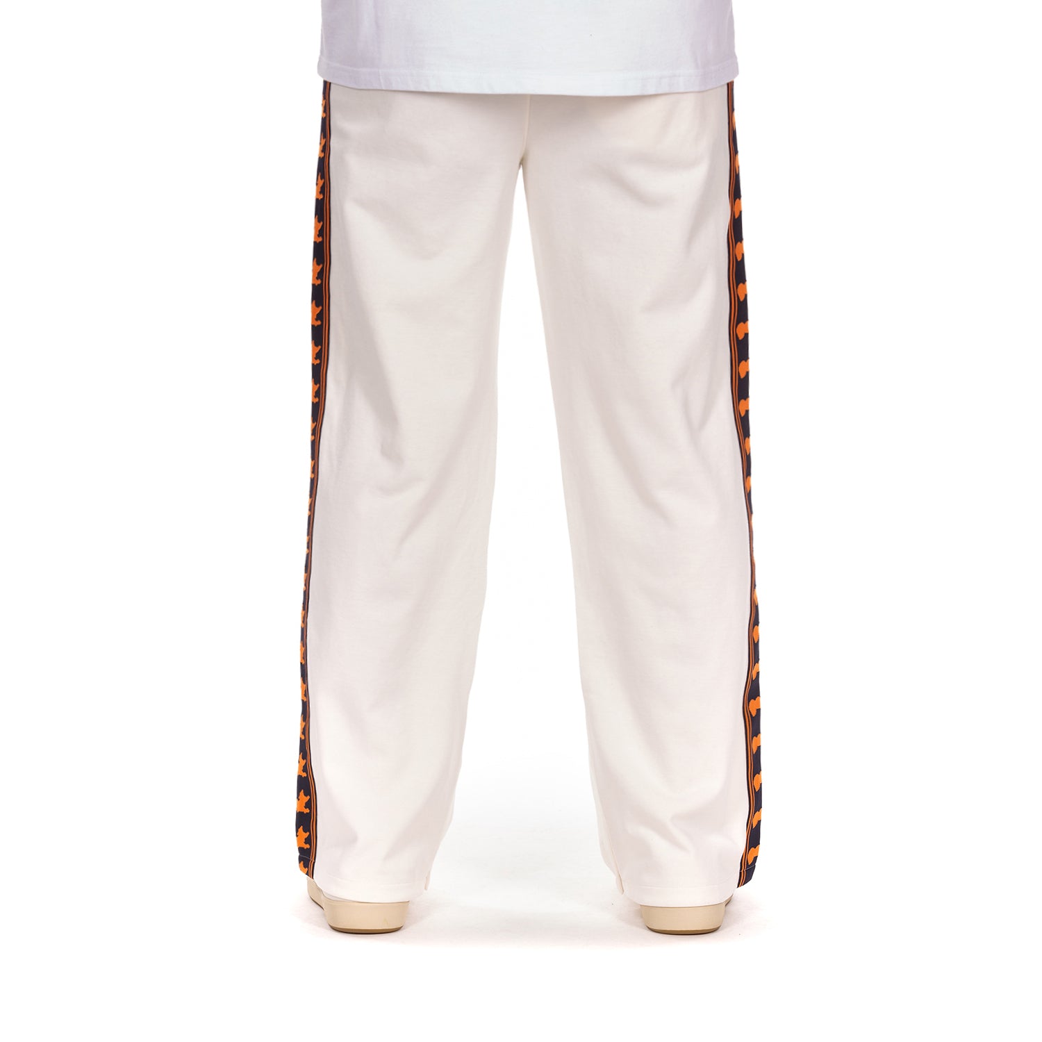 White pants with orange and navy striped sides on a white background