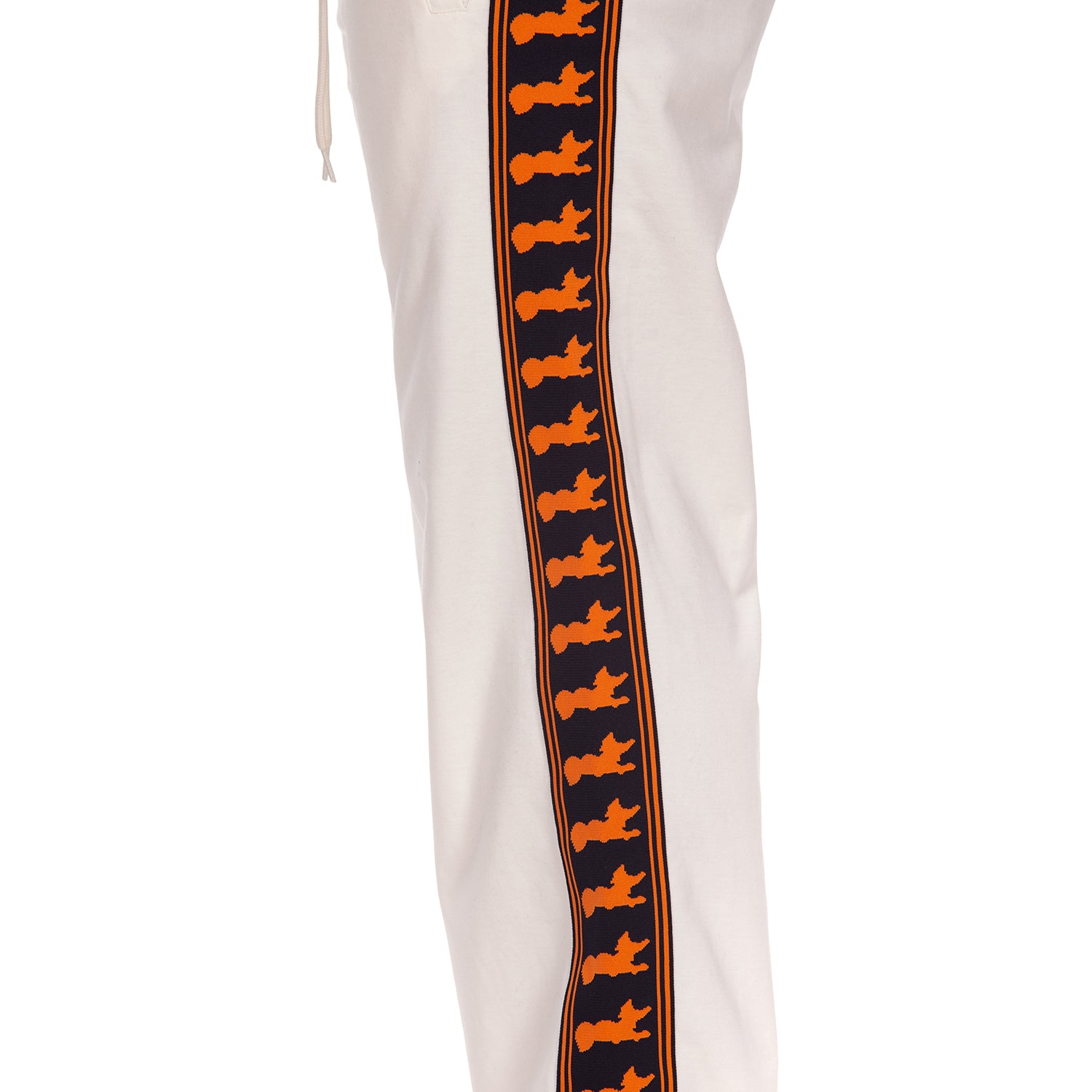 White pants with orange and navy striped sides on a white background