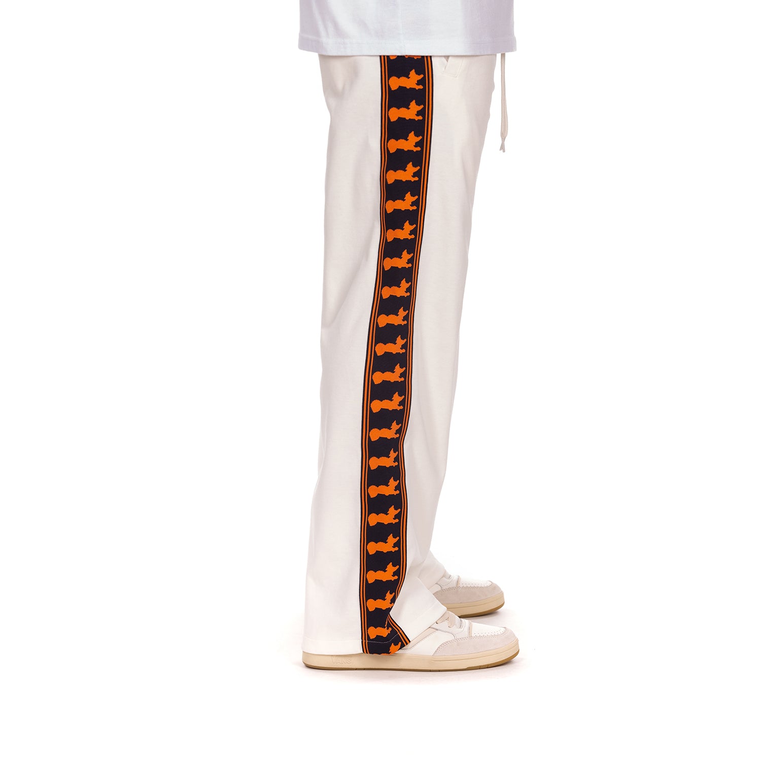 White pants with orange and navy striped sides on a white background